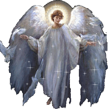 sparkly gif of a white woman angel with short brown hair, a big flowy white dress and wings, and a glowing halo