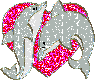 sparkly gif of two silver dolphins jumping over a pink glitter heart