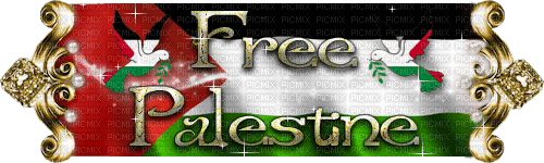 A sparkly gif of the Palestinian flag with the words 'Free Palestine' overlayed in golden cursive script. A golden accent and a white dove sit on either side of the flag.
