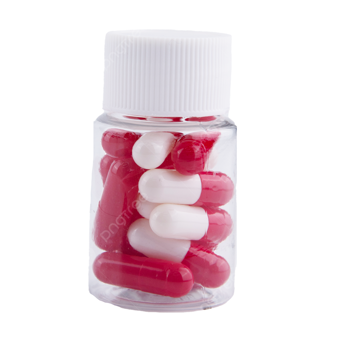 clear pill botle with white cap, containing several bicolor whie and red capsule pills