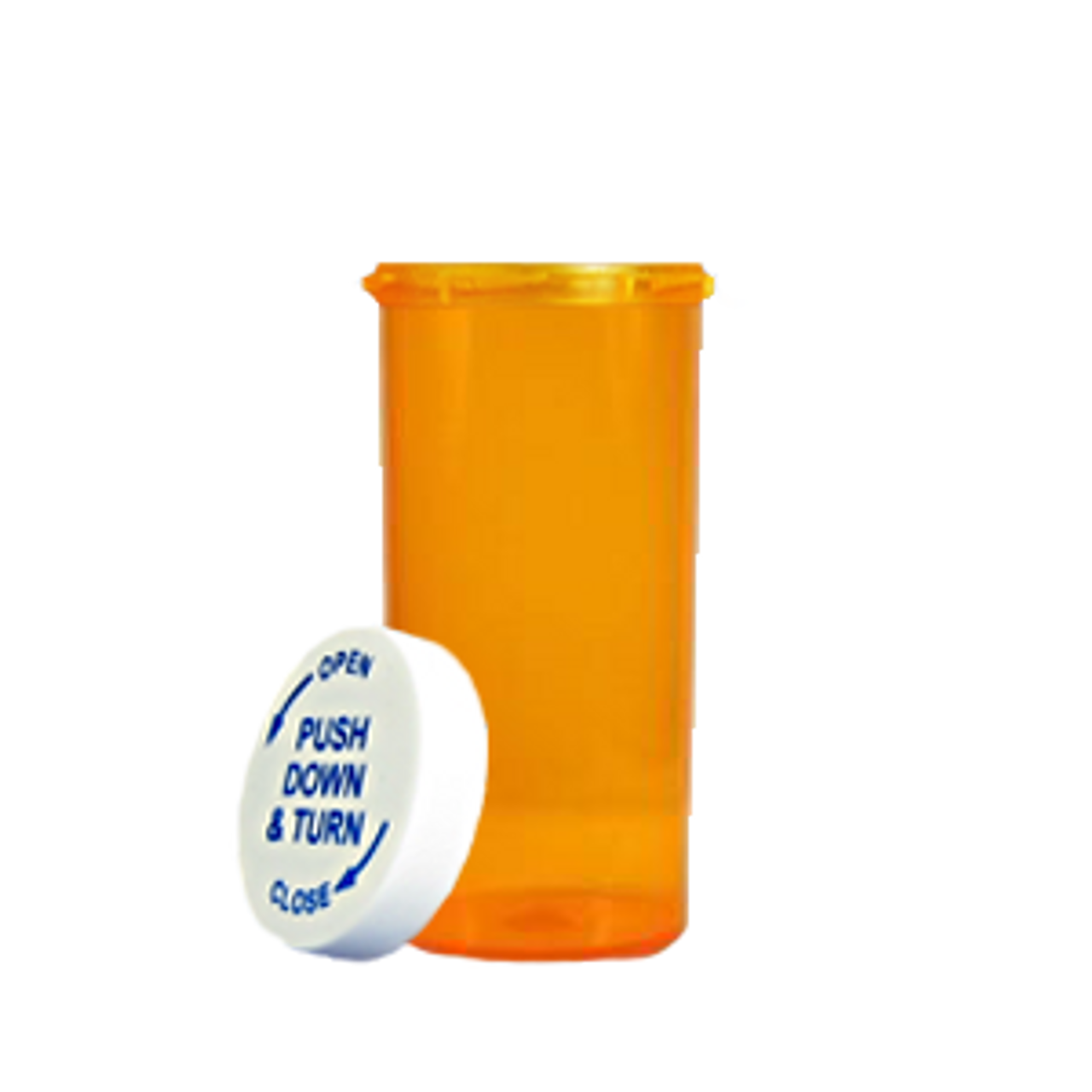 empty clear orange plastic pill bottle with white twist cap sitting next to it