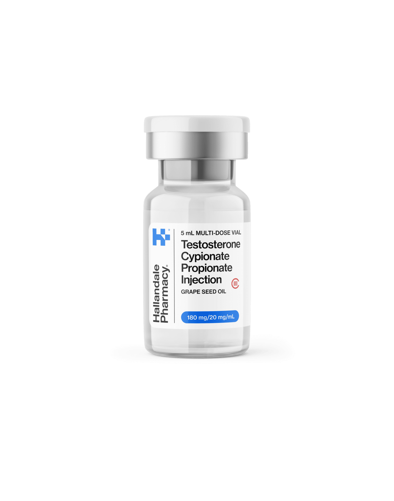 small clear vial with a label that reads testosterone cypionate